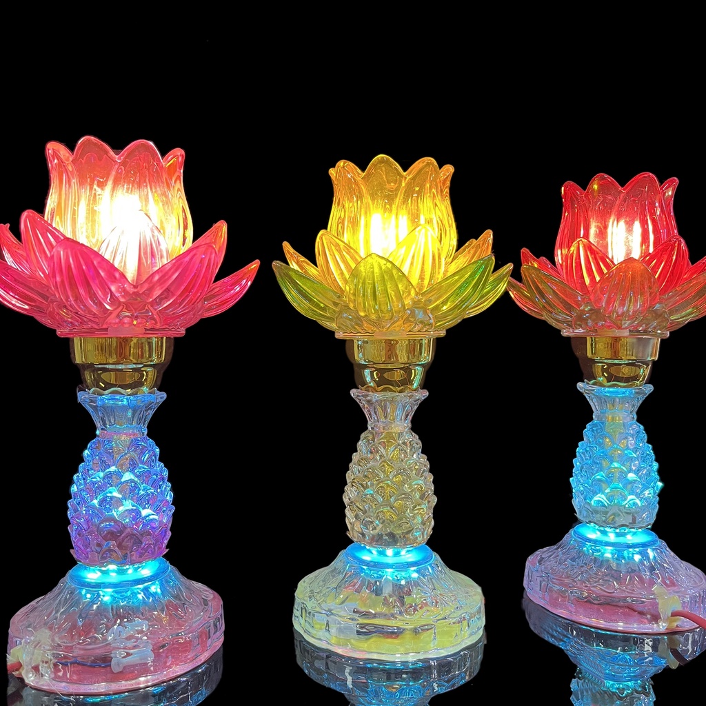 Đèn led 123B  7màu thủy tinh hoa sen thân hình trái thơm (vật phẩm bàn thờ ) - phật giáo tuệ quang