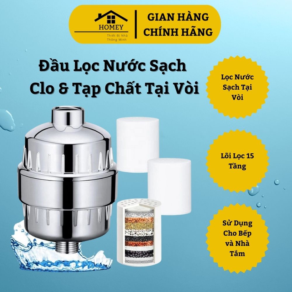 Homey - Đầu Lọc Nước Sạch Tại Vòi với Lõi Lọc 15 Tầng - Loại Bỏ Clo, Flo, Kim Loại & Tạp Chất Cực Kỳ Hiệu Quả