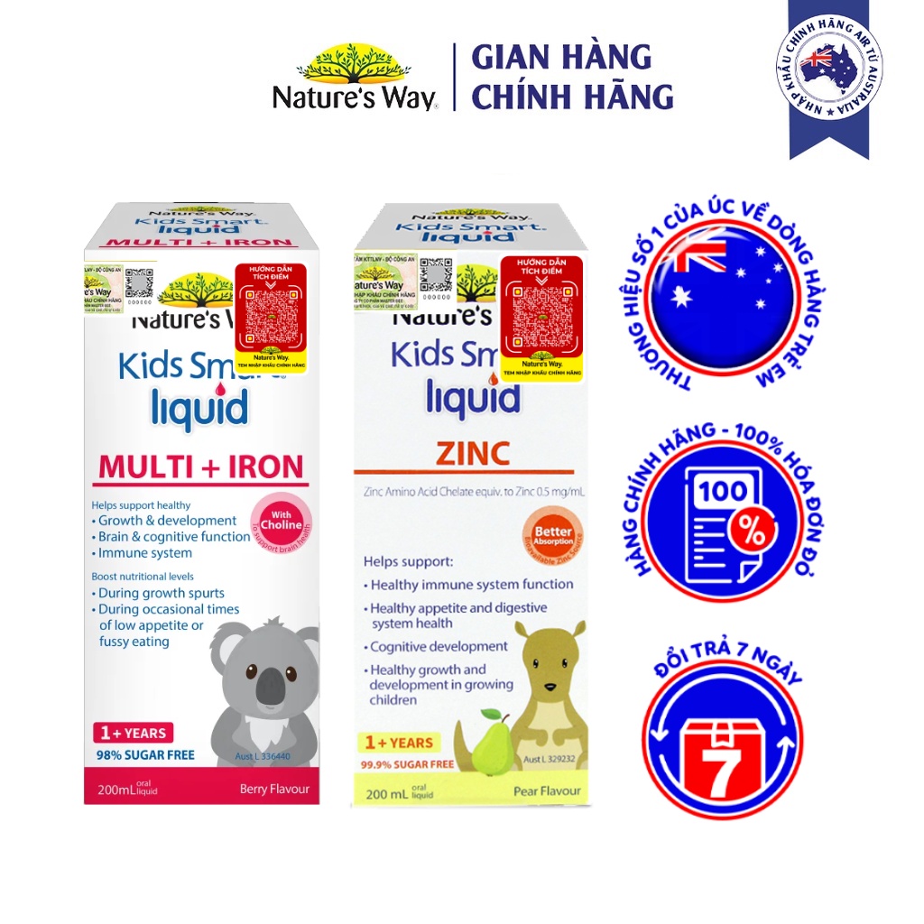 Combo 2 Siro Uống Nature's Way Kids Smart Liquid Zinc Và Liquid Multi+Iron Hỗ Trợ Nâng Cao Sức Đề Kháng Cho Trẻ 200m/lọ