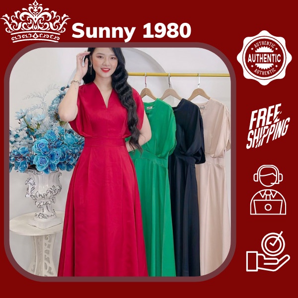 Váy đầm dự tiệc cao cấp, chất lụa Hàn cổ V thanh lịch, đầm trung niên phong cách sang trọng quý phái Sunny giảm 30%