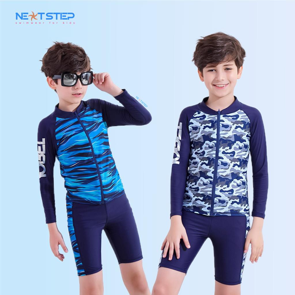 Đồ bơi trẻ em, đồ bơi bé trai tay dài chất vải chống nắng size lớn đến 45kg cho bé trai đến 12 tuổi