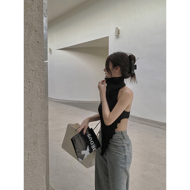 Porozi  Áo Dệt Kim Sát Nách Cổ Cao Hở Lưng Kiểu Hàn Quốc Cá Tính Cho Nữ