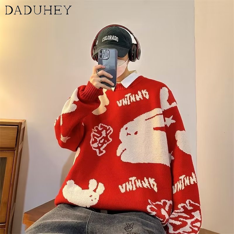 DaDuHey Men 'S And Women 'S Chinese Red Festive Bunny Couple Style Casual Sweater New Rabbit Jacquard Sweater
