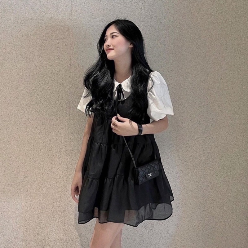 ( Cam Kết Loại 1 Dày Dặn ) Set Váy Yếm Babydoll Kèm Áo Sơ Mi Cổ Sen Đầm Đen Dáng Xoè Cột Nơ Xinh Joiedesroses
