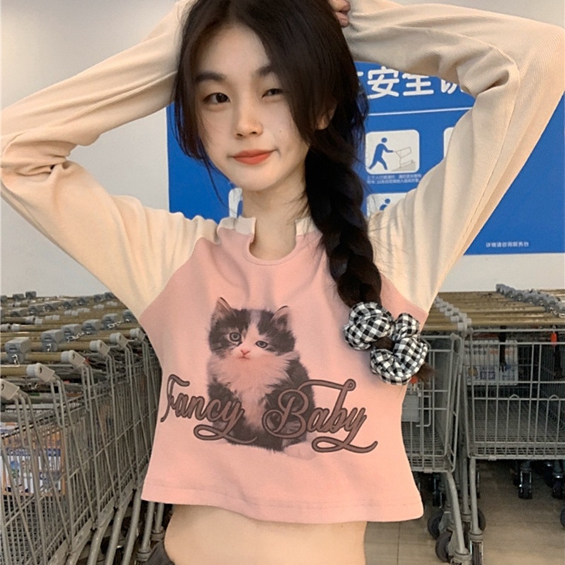 IELGY  IELGY Áo Thun Tay Dài Dáng Ôm In Hình Mèo Phong Cách Mỹ Cổ Điển Thời Trang Cho Nữ