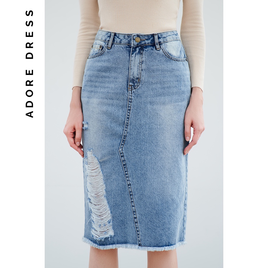 Chân váy jeans midi rách gấu 2DS3001 ADORE DRESS