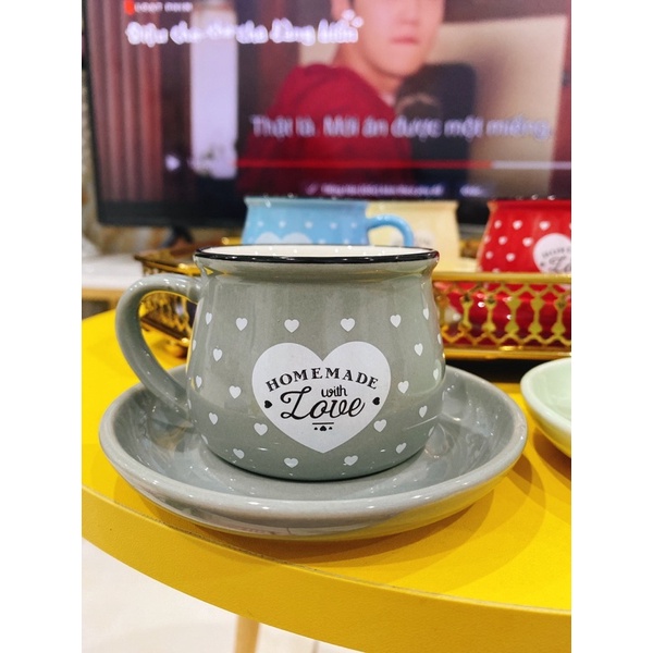 Set tách đĩa cafe hoạ tiết chấm bi