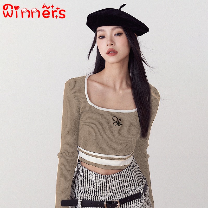 Áo Dệt Kim Tay Dài Cổ Vuông Màu Sắc Tương Phản Phong Cách Retro Dành Cho Nữ