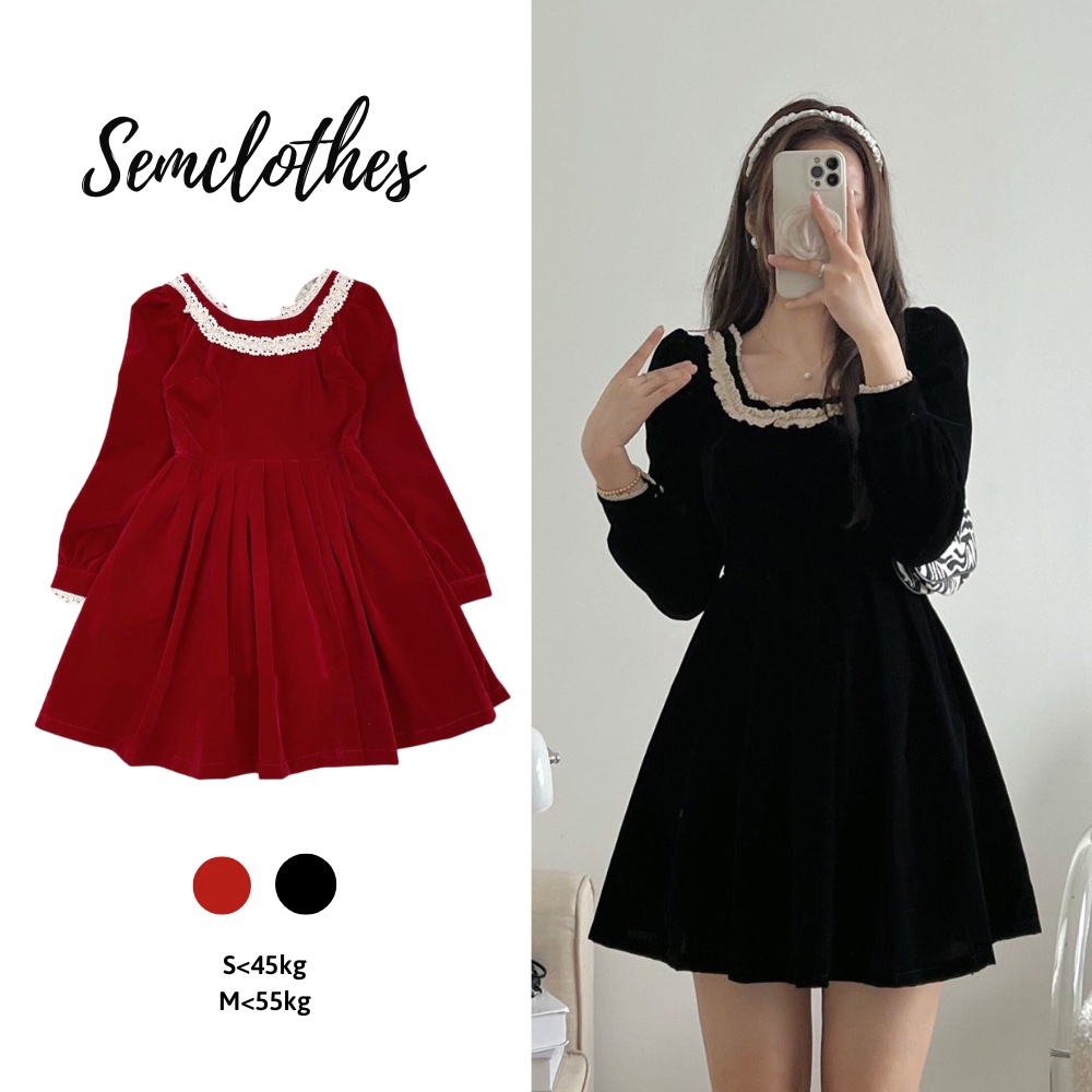 Váy đầm nữ váy baby doll nhung dáng chữ A cổ vuông phối ren 2 tầng tay dài tiểu thư vintage bánh bèo V08 semclothes