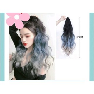 Tóc giả nữ ngoặm xù omber xám xanh khói dài 55cm