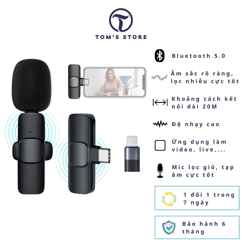 Micro cài áo bluetooth K9, lọc âm cực tốt,độ nhay cao, kết nối xa lên tới 20 mét, tương thích nhiều thiết bị, BH 6 tháng