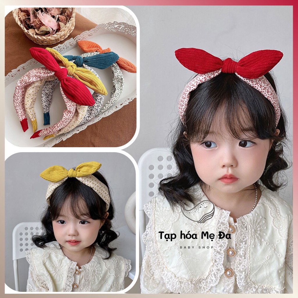 Băng đô/ bờm cài tóc vải nhung tăm phối nơ tai thỏ cho bé phụ kiện hot trend phong cách Hàn Quốc siêu xinh