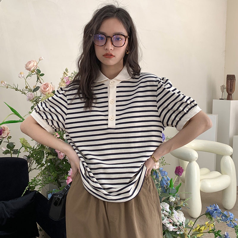 Áo polo Ngắn Tay Dáng Rộng Họa Tiết Kẻ Sọc Thời Trang Hàn Quốc Cho Nữ