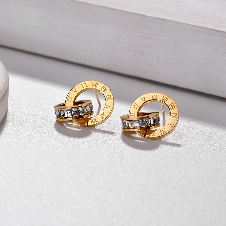 Besfome Set Vòng cổ Và Bông Tai Hai Vòng Tròn Khắc Số La Mã Đính Đá Zircon Thời Trang