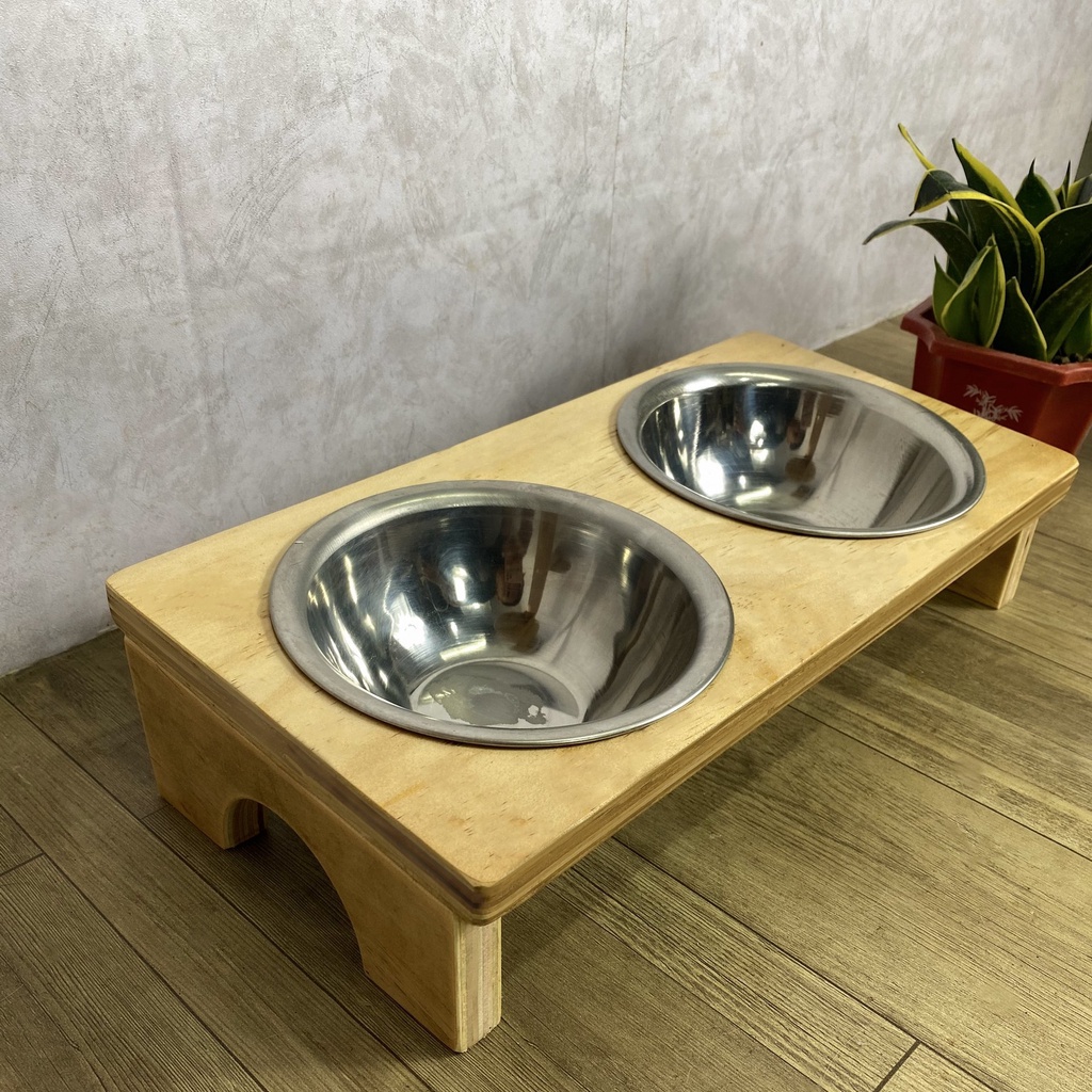 Bát ăn cho chó mèo bằng gỗ 2 NGĂN lòng INOX dễ dàng tháo rời vệ sinh, bát đựng thức ăn nước uống cho chó mèo MBFD032