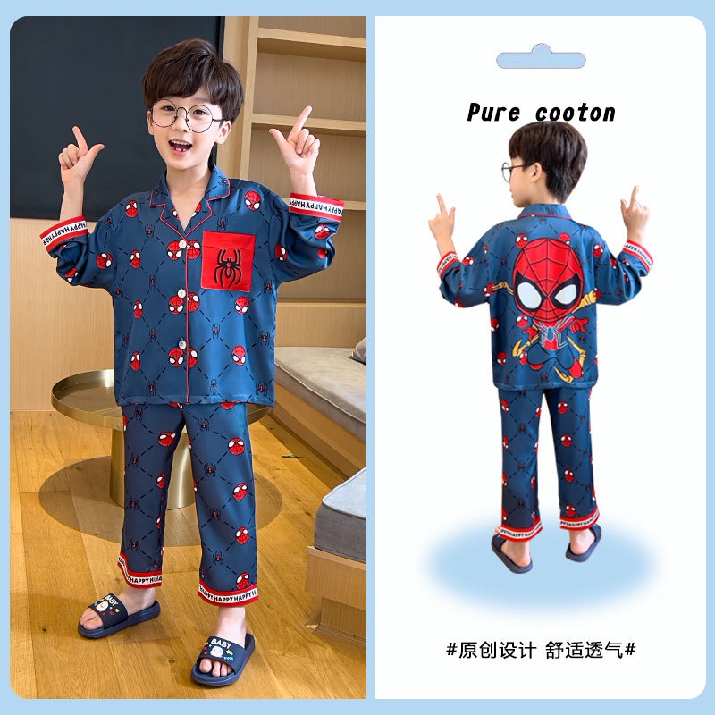 Bộ Đồ Ngủ Tay Dài Chất Lụa Mỏng Nhẹ Thời Trang Xuân Thu Xinh Xắn Cho Bé Trai