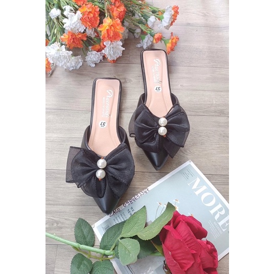 Giày Dép Sục Bệt Đính Nơ Ngọc Mũi Ngọn Cao 3 Phân Nữ