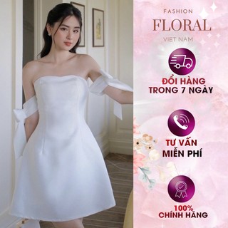 Đầm cúp ngực thời trang tay nơ FLORAL DESIGN nữ trắng đen dáng ngắn chữ A dữ tiệc sang chảnh