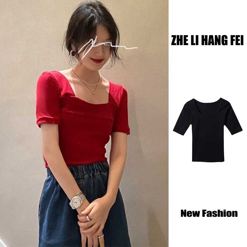 Áo dệt kim ZHELIHANGFEI tay ngắn cổ vuông gợi cảm thời trang