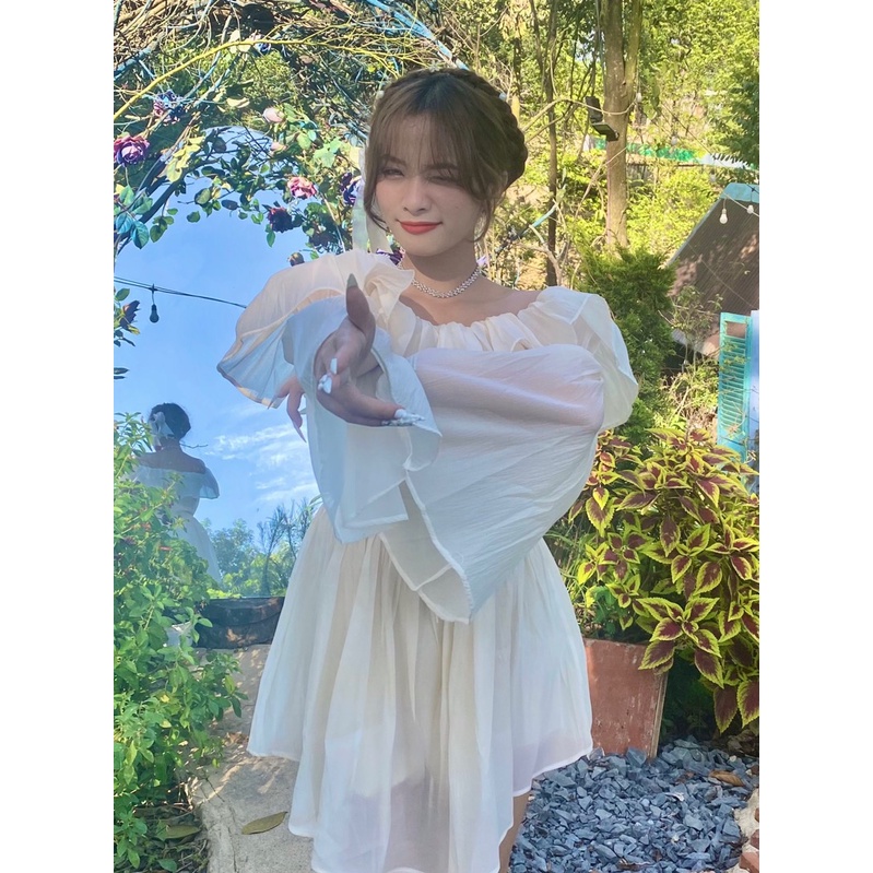 Váy Xòe Trễ Vai Voan Tơ Bồng Tay Loe Corset Eo Tiểu Thư Công Chúa Đi Chơi Chụp Ảnh Xuất Sắc