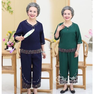 Đồ bộ trung niên nữ thêu hoa Thu Hà quần áo mặc nhà tặng bà tặng mẹ chất liệu co giãn form thoải mái ĐBH.21