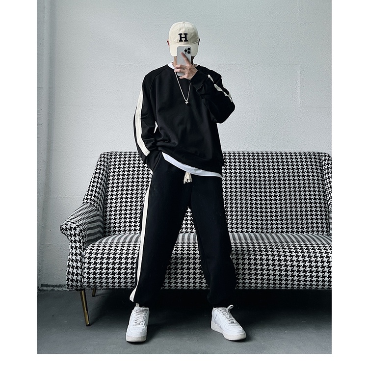 Bộ Thể Thao Cổ Tròn Nam Phối Sọc Kẻ Trơn, Nỉ Ngoại 100% Dày Dặn Fom Rộng Sành Điệu Hot Trend Mùa Đông 2023