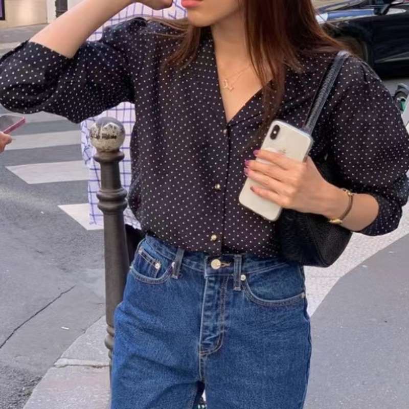 Áo Sơ Mi Tay Dài Họa Tiết Chấm Bi Phong Cách Hàn Quốc Thời Trang Cho Nữ
