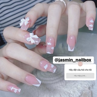 Nailbox móng úp thiết kế sẵn mẫu thạch hồng vẽ mây đính charm nơ