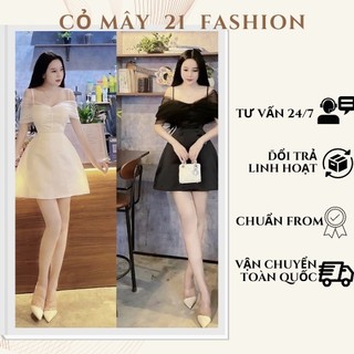 Đầm dự tiệc 2 dây trễ vai phối voan lưới quyến rũ