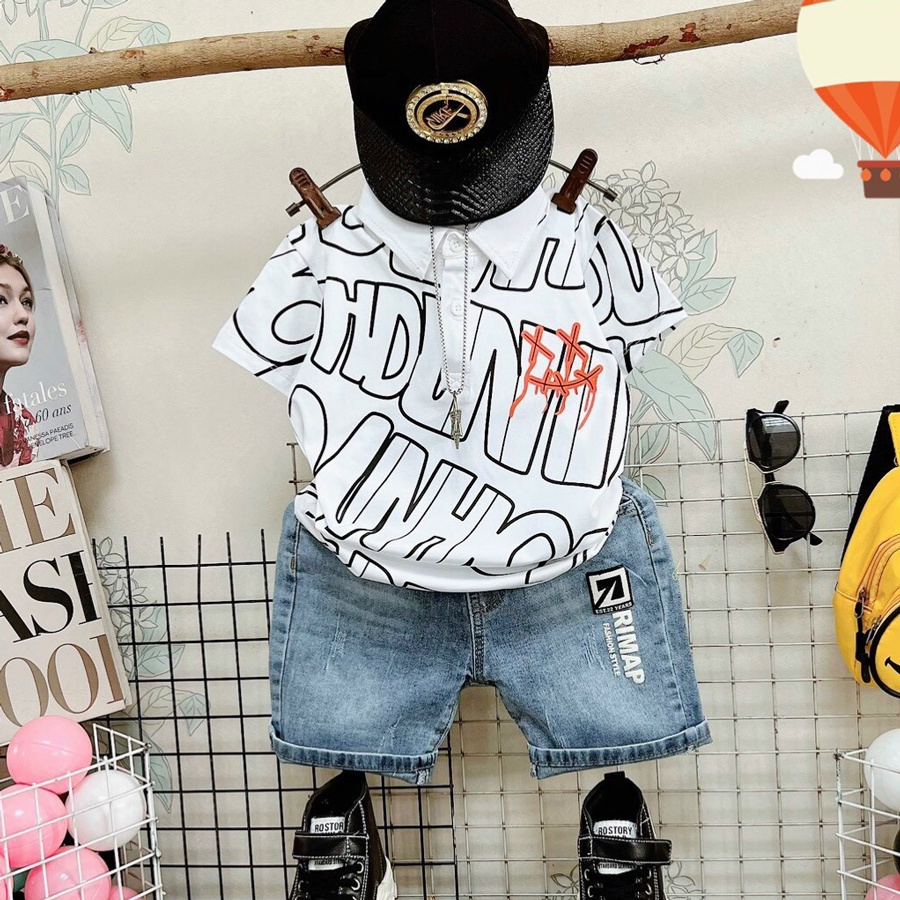 Đồ bộ bé trai, bộ jean cổ trụ Rimap cool ngầu cho bé trai từ 15 đến 55 kg