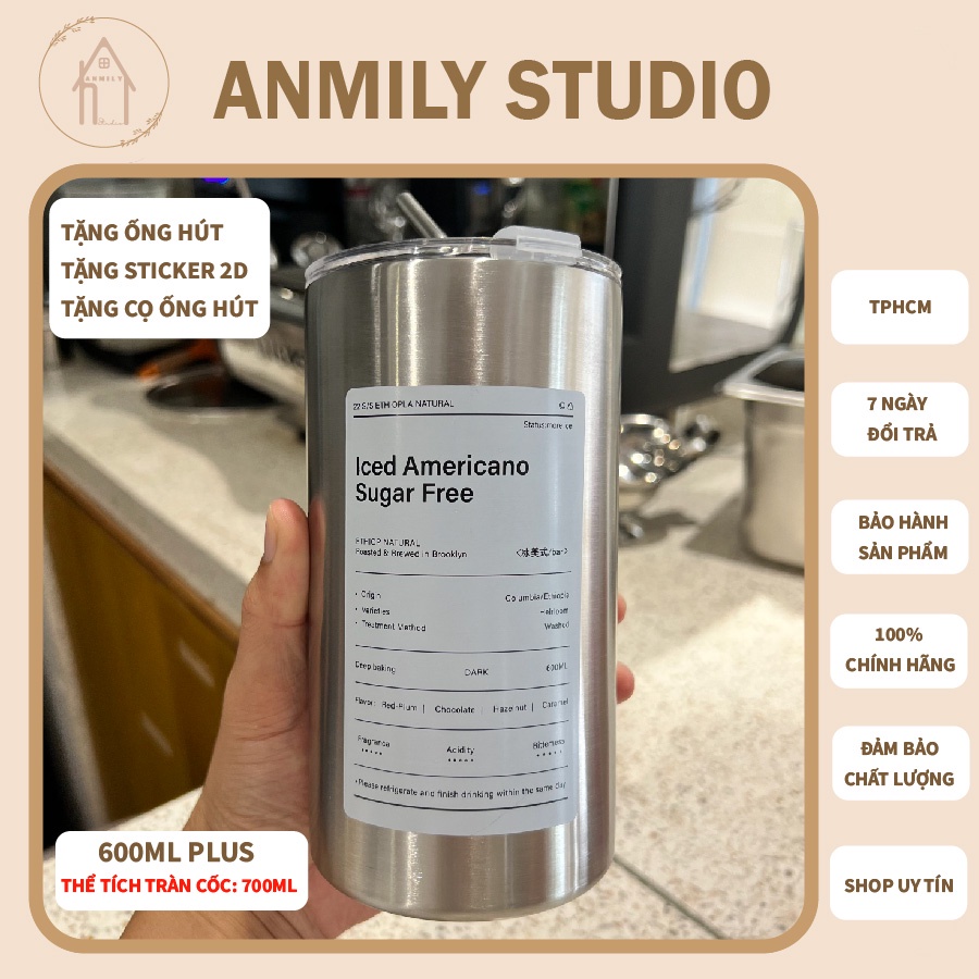 Ly giữ nhiệt văn phòng ANMILY CUP Iced Americano 600ml bằng thép không gỉ 304 có ống hút kèm theo | tặng sticker 2D