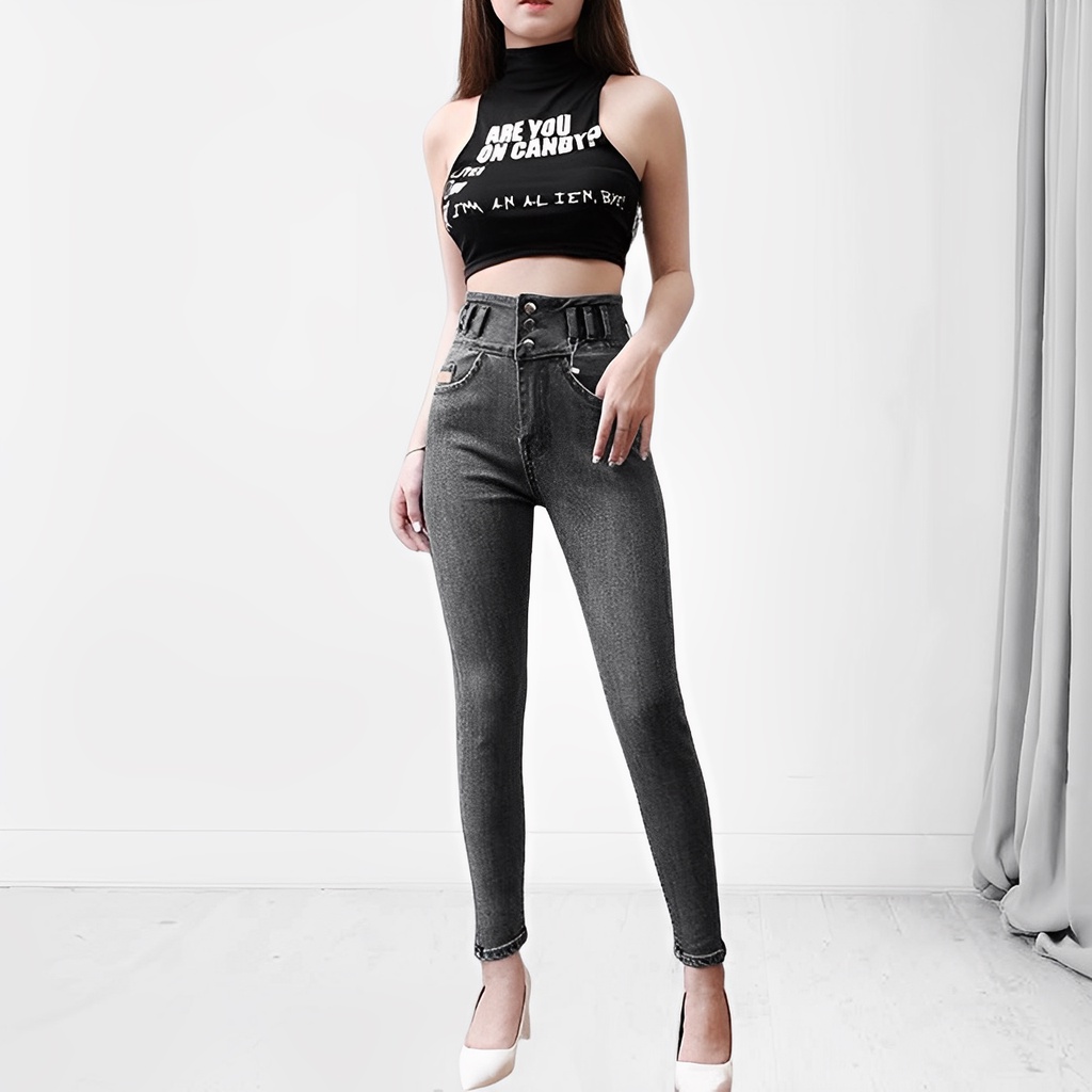 Quần jean skinny nữ cạp cao 3 cúc dài 98cm  chất liệu co giãn siêu thoải mái, chất mịn