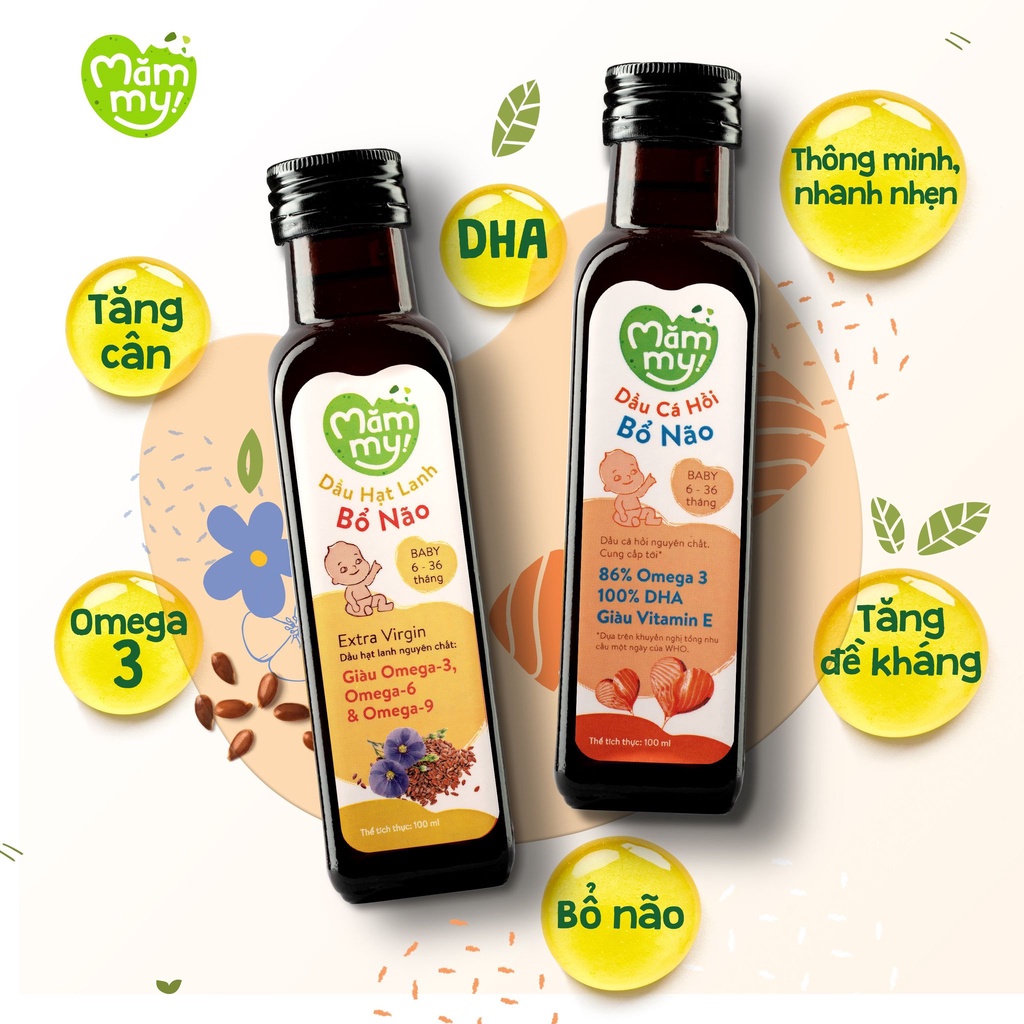 Combo 2 chai dầu cá hồi Na Uy và dầu hạt lanh hữu cơ ép lạnh Mămmy bổ não cho bé ăn dặm giàu omega 3, dha, chai 100ml