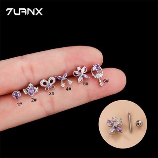  Khuyên tai 7UANX dạng xỏ thép không gỉ kiểu dáng nơ  trái tim đính đá zircon tím thời trang 