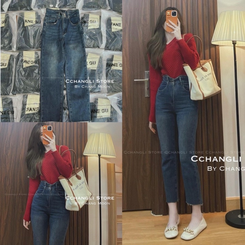 Quần giãn jeans 2 khuy cạp V cắt gấu #077