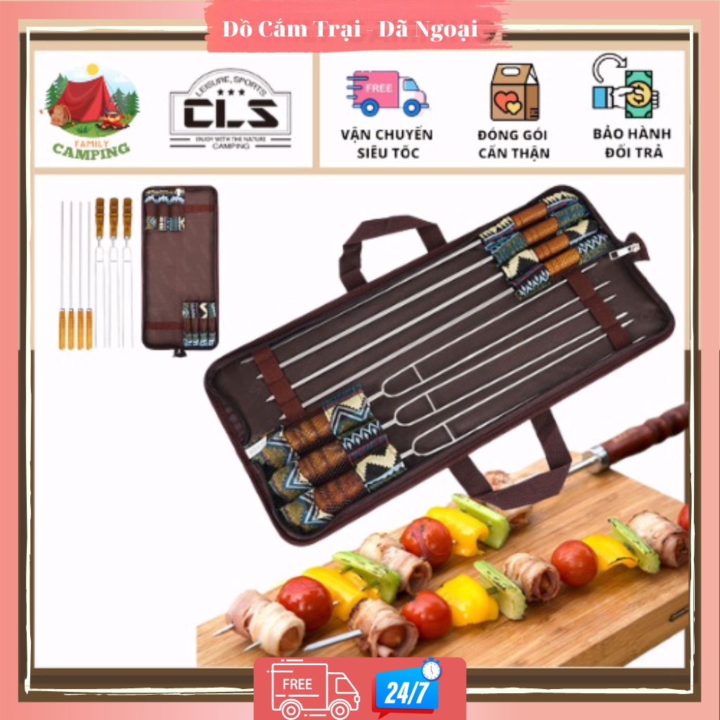 Bộ xiên nướng que nướng bằng thép không gỉ tay cầm bằng gỗ có túi đựng cắm trại, dã ngoại Bộ 7 món chính hãng CLS