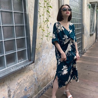 Đầm lụa xoắn eo freesize họa tiết hoa văn