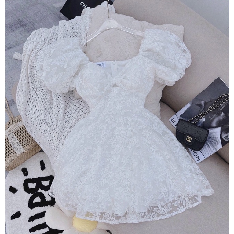 ĐẦM TRẮNG XỐP REN NƠ NGỰC