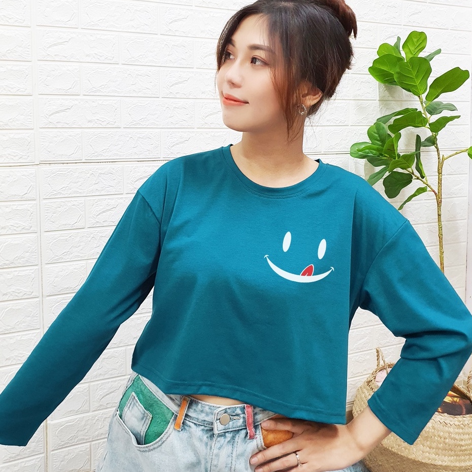 Áo Croptop Nữ Toli Tay Dài Cổ Tròn Vải Thun Cotton Kiểu Hàn Quốc In Hình Hoạ Tiết ( TRẮNG- MẶT CƯỜI)