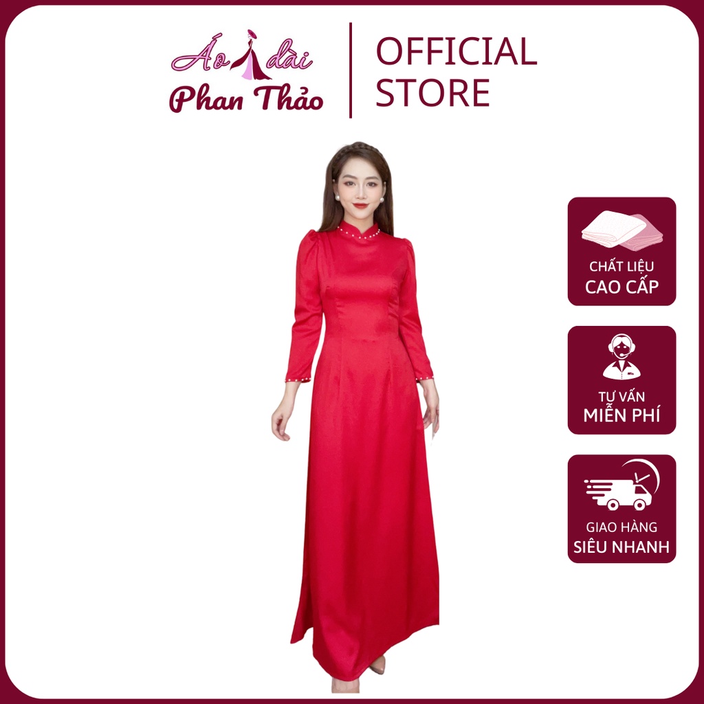 Áo Dài Tây Thi Tay Bồng Gắn Kết Hạt Trai Màu Đỏ Cao Cấp - Áo Dài Lụa Đẹp Mẫu Mới Cao Cấp - Shop PT