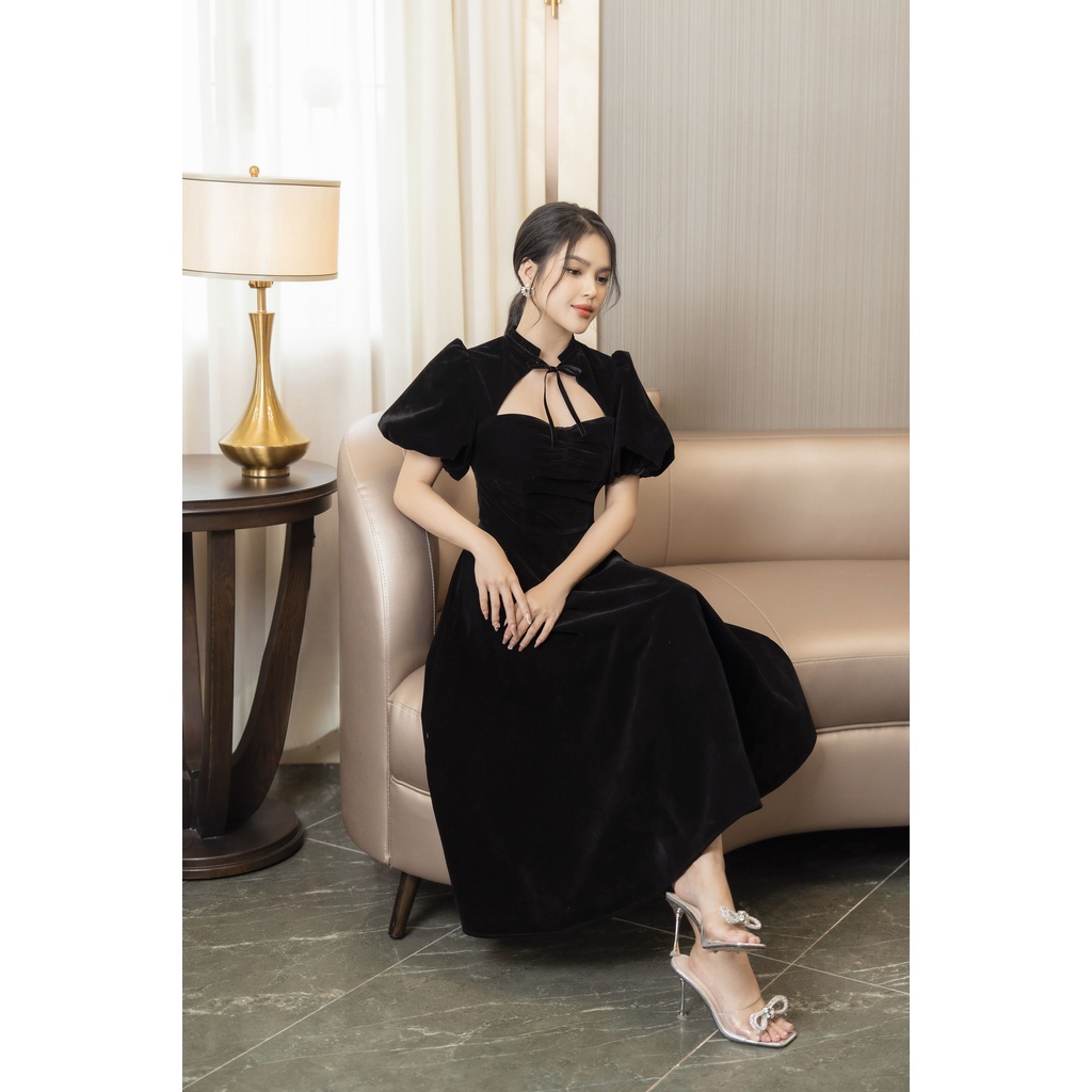 Váy nhung đen tay bồng 2 lớp dày dặn dự tiệc YV134 Xavia YAME