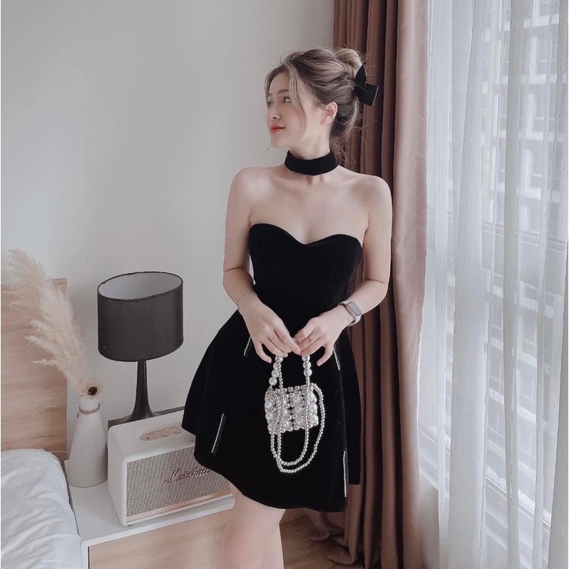 Bộ đầm ống cup ngực nhung kèm vòng cổ shop nina le