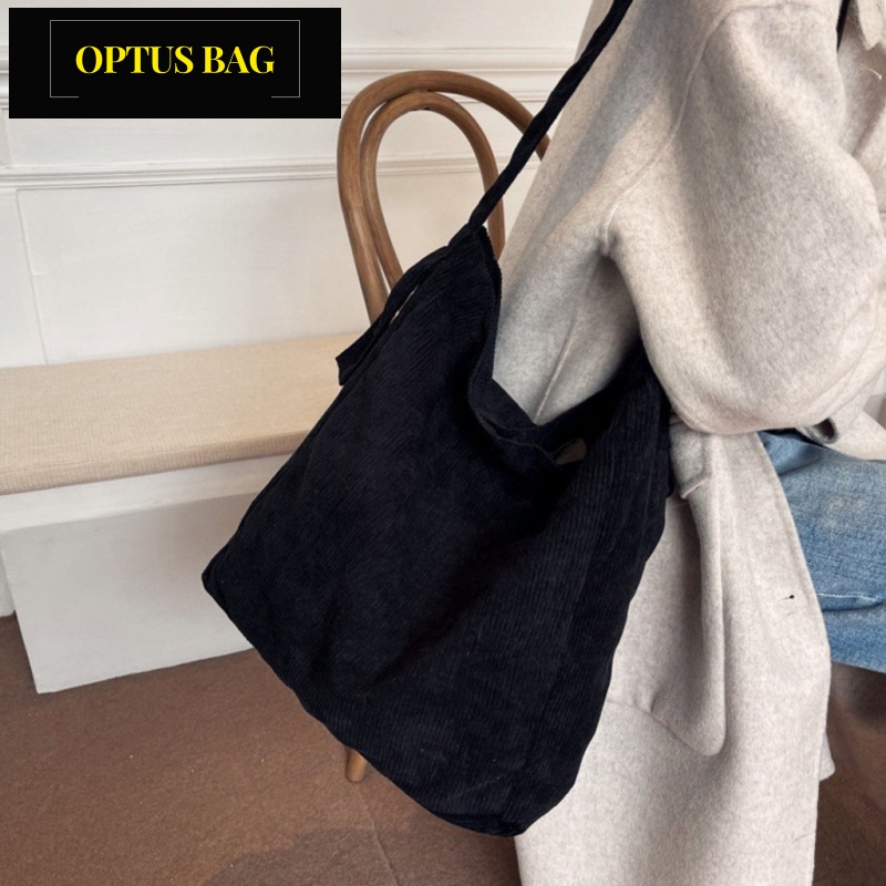 Túi tote đeo chéo đeo vai vải nhung trơn 2 màu hồng kem để laptop đi học đi chơi - optusbag