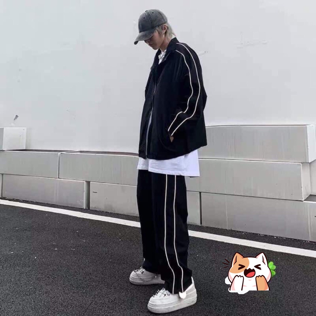 Set đồ thể thao unisex nam nữ áo khoác gió kèm quần dài sọc đôi phản quang AS151