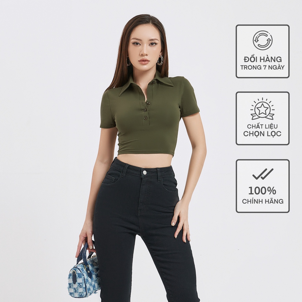 Áo Ngắn Tay Cổ Đức Croptop Nữ Busy Thun Cotton Co Giãn Ôm Sát NT4C