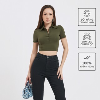 Áo Ngắn Tay Cổ Đức Croptop Nữ Busy Thun Cotton Co Giãn Ôm Sát NT4C