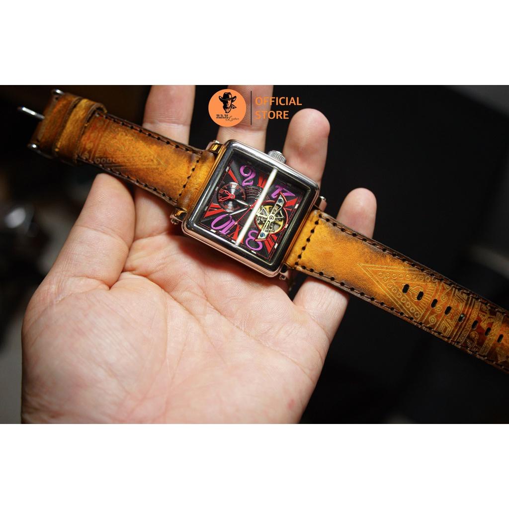 Dây Đồng Hồ Da Veg Ý Cao Cấp Italia Nhuộm Thủ Công Ram Trống Đồng 2022 Màu Vàng Nâu Size 26mm