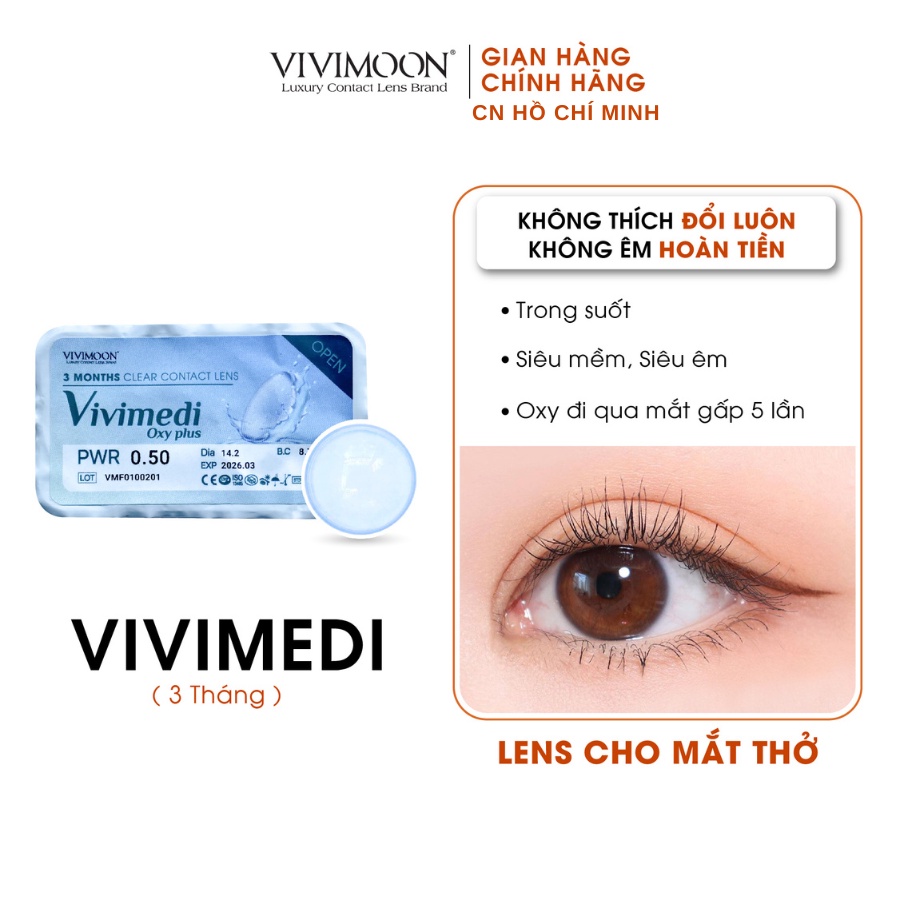 Kính áp tròng VIVIMOON LENS trong suốt cận cho mắt thở Vivimedi Oxy Plus 3 tháng
