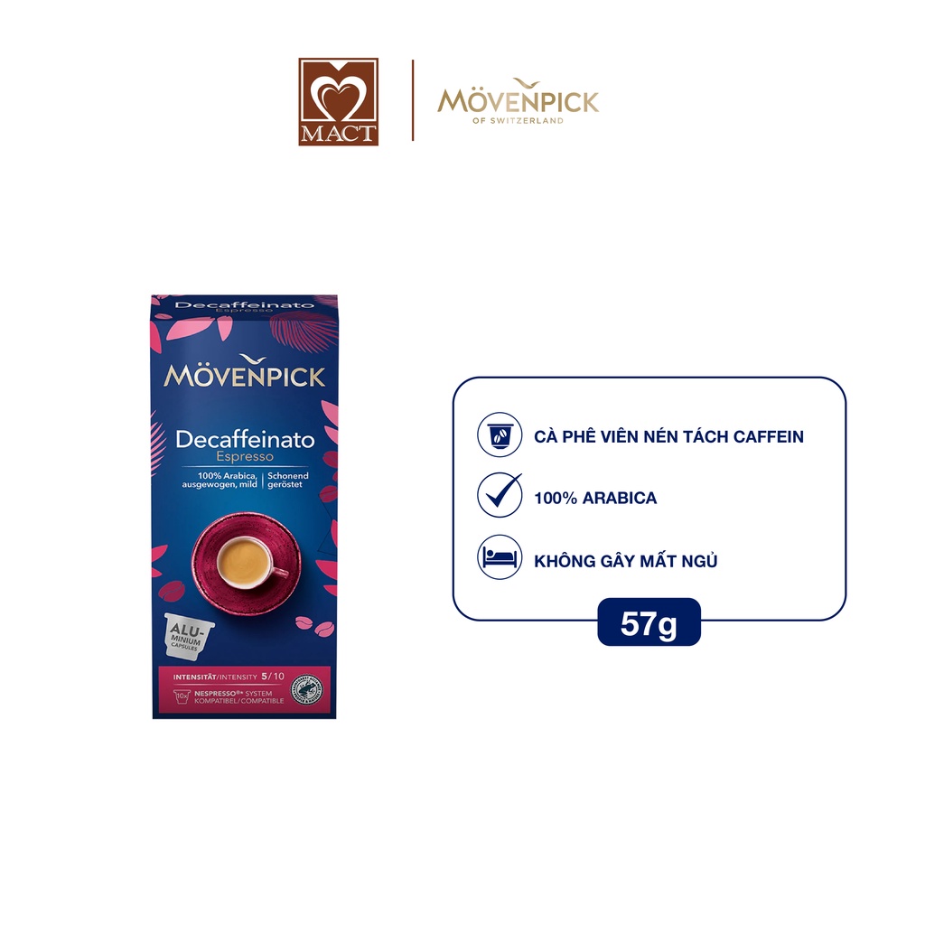 Cà phê viên nén tách caffeine Mövenpick Decaf - 100% Hạt Arabica - Vị chua dịu - Không gây mất ngủ - hộp 57g