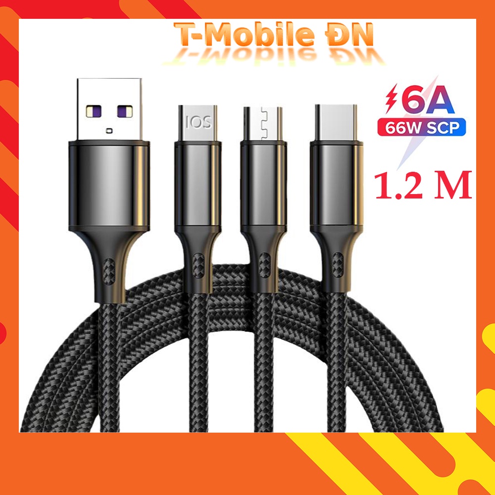 Cáp sạc 3 đầu 66W 100W 6A 2.4A đa năng 3 trong 1 3in1 bọc dù